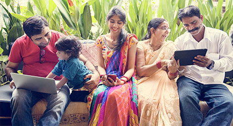 Family using digital devices